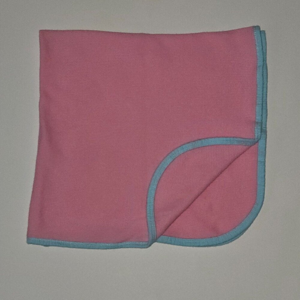 Pink Waffle Knit Cotton Thermal Baby Blanket Blue Trim 26x26 READ